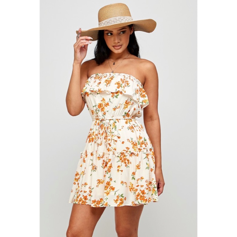 SOLD OUT Cream Orange Floral Print Ruffle Trim Strapless Tube Casual Summer Mini - Picture 2 of 6